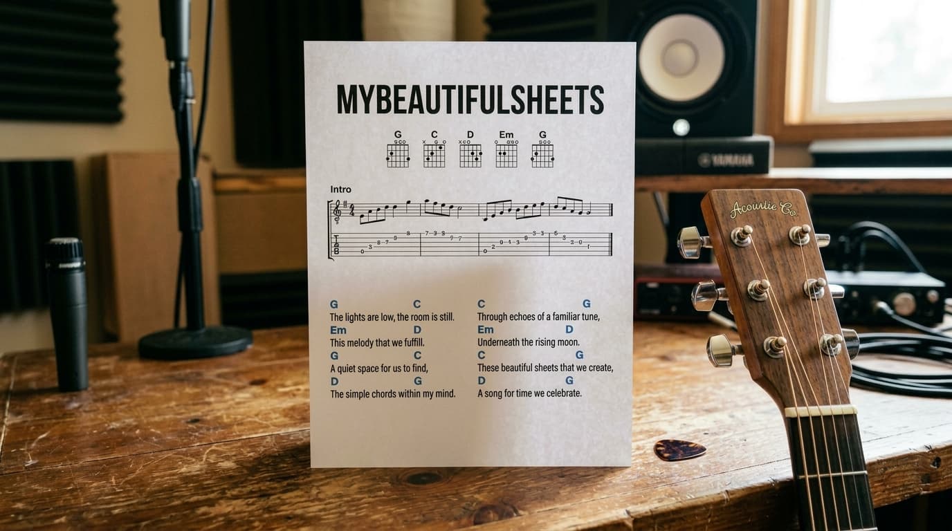 MyBeautifulSheets printed single-page music lead sheet on a studio desk
